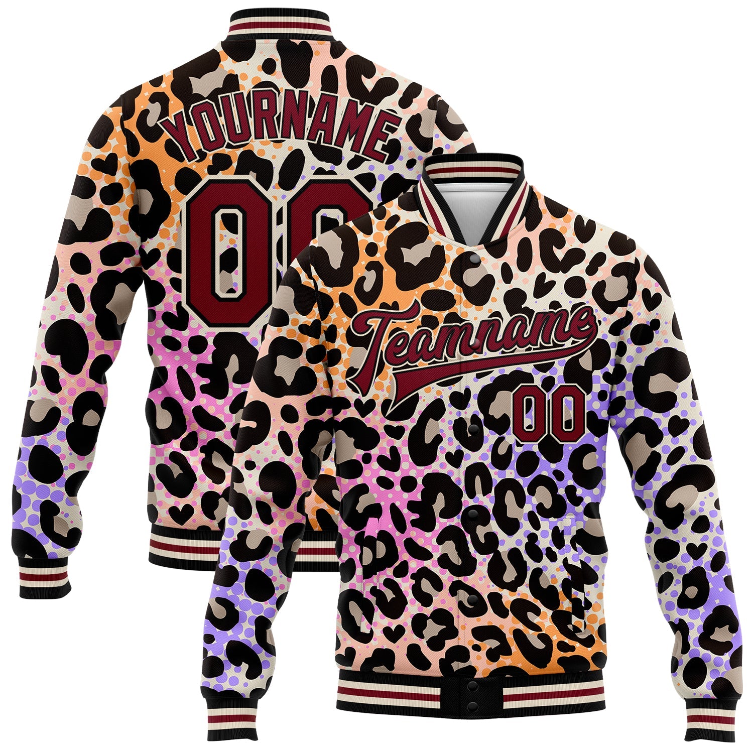 Custom City Cream Crimson-Black Leopard Print 3D Pattern Design Bomber Full-Snap Varsity Letterman Jacket - Main View