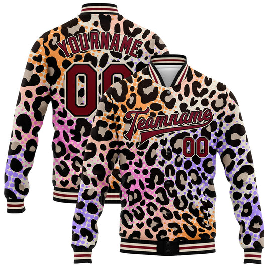 Custom City Cream Crimson-Black Leopard Print 3D Pattern Design Bomber Full-Snap Varsity Letterman Jacket - Main View