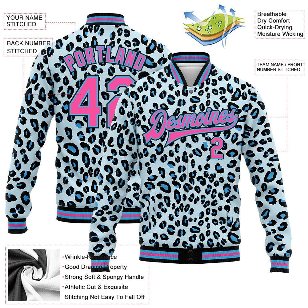 Custom Sky Blue Pink-Black Leopard Print 3D Pattern Design Bomber Full-Snap Varsity Letterman Jacket view 5