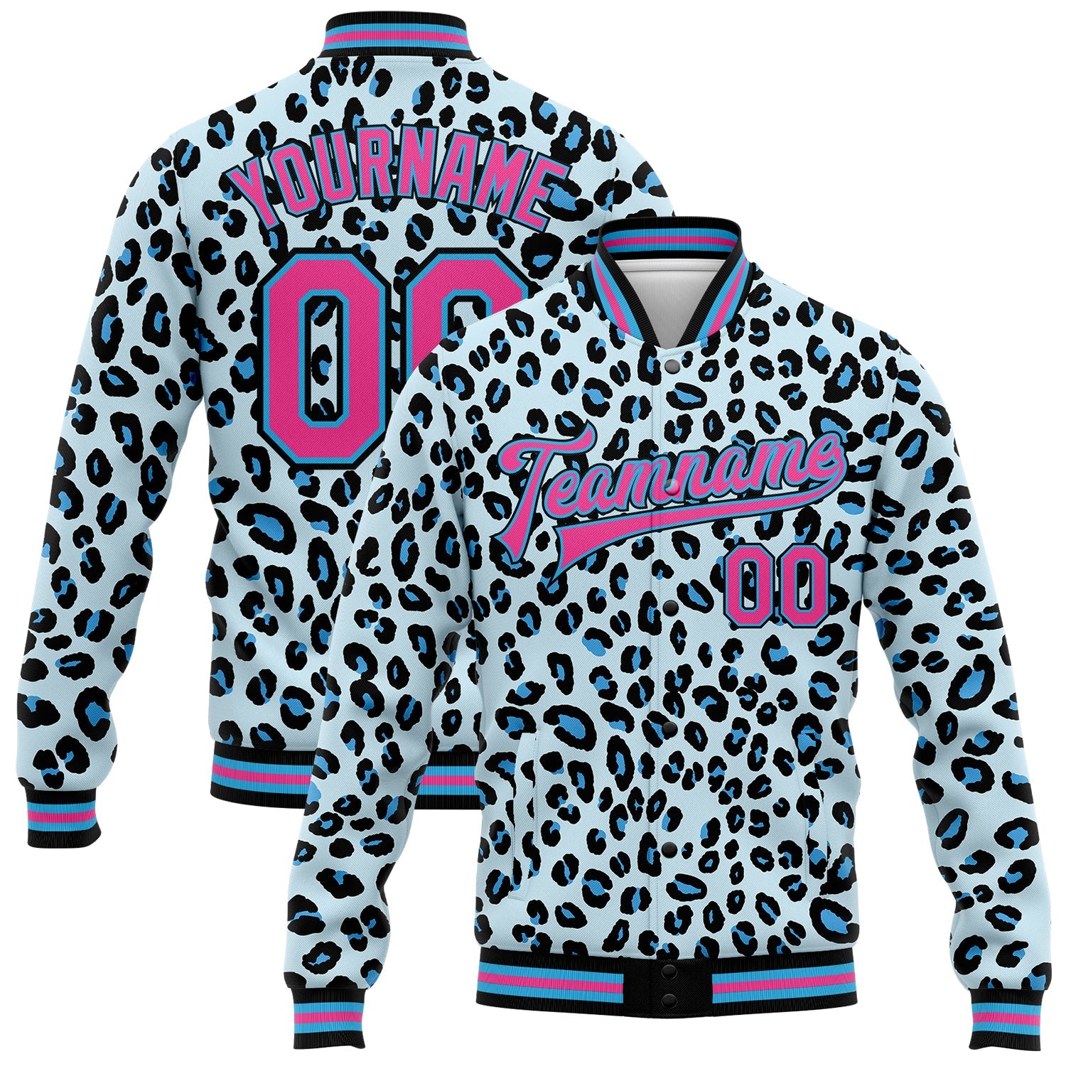 Custom Sky Blue Pink-Black Leopard Print 3D Pattern Design Bomber Full-Snap Varsity Letterman Jacket - Main View
