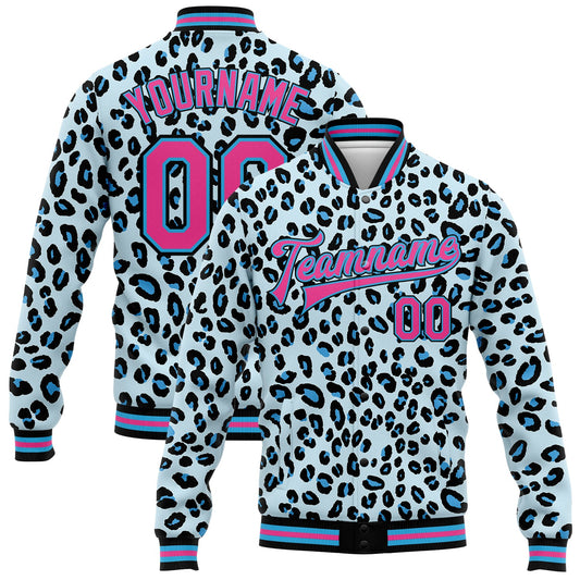 Custom Sky Blue Pink-Black Leopard Print 3D Pattern Design Bomber Full-Snap Varsity Letterman Jacket - Main View