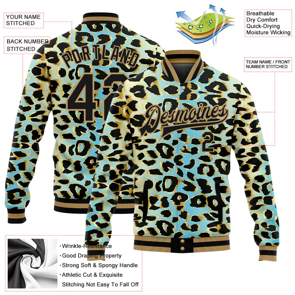 Custom Sky Blue Black-Old Gold Leopard Print 3D Pattern Design Bomber Full-Snap Varsity Letterman Jacket view 5