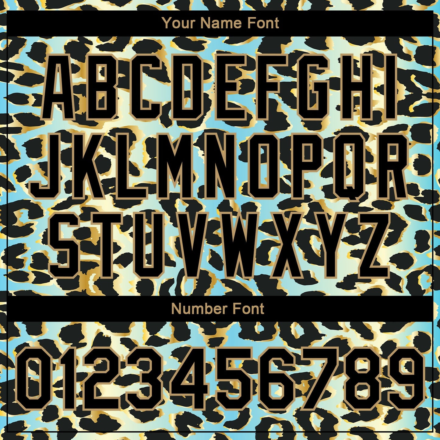 Custom Sky Blue Black-Old Gold Leopard Print 3D Pattern Design Bomber Full-Snap Varsity Letterman Jacket view 7