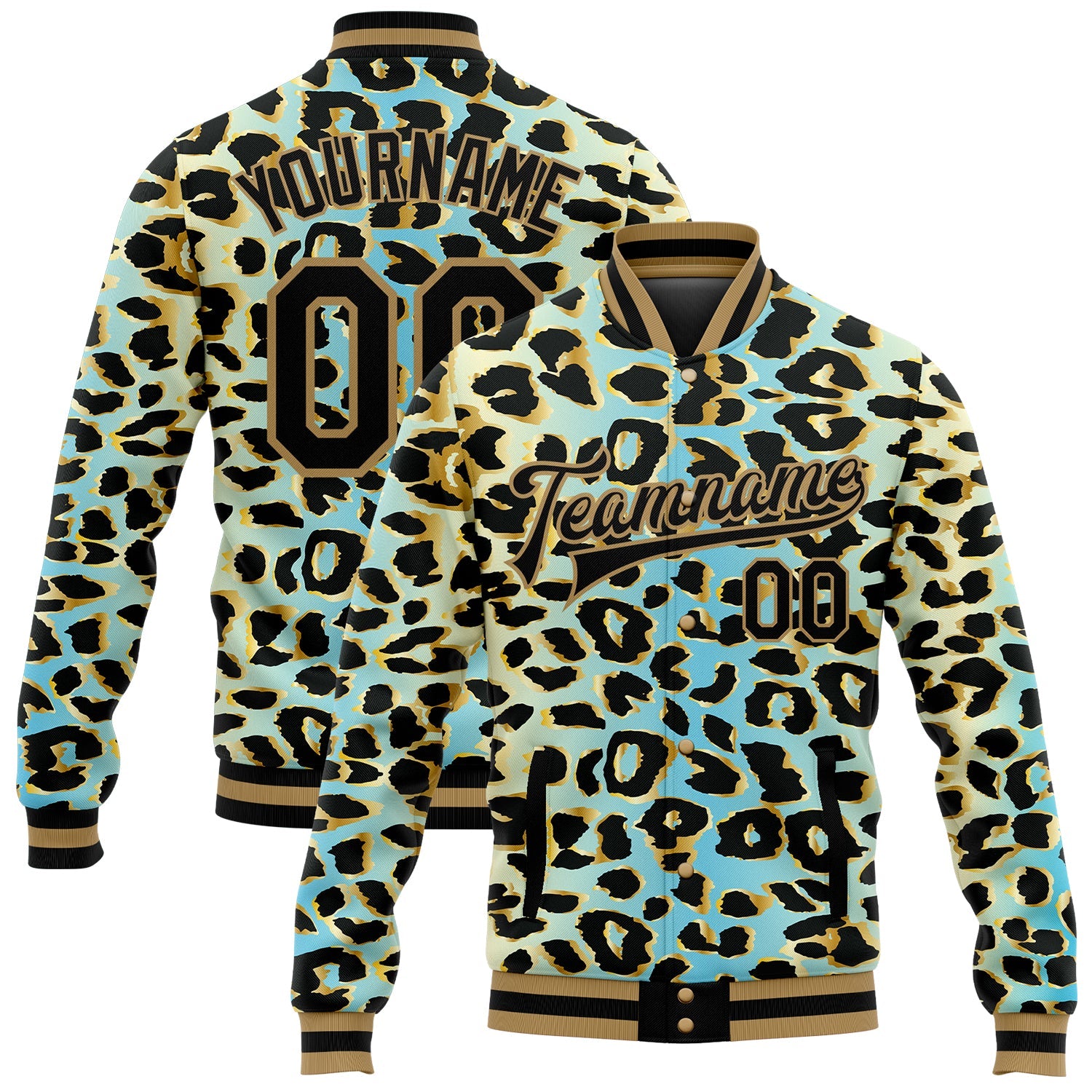 Custom Sky Blue Black-Old Gold Leopard Print 3D Pattern Design Bomber Full-Snap Varsity Letterman Jacket - Main View