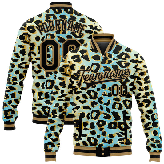 Custom Sky Blue Black-Old Gold Leopard Print 3D Pattern Design Bomber Full-Snap Varsity Letterman Jacket - Main View