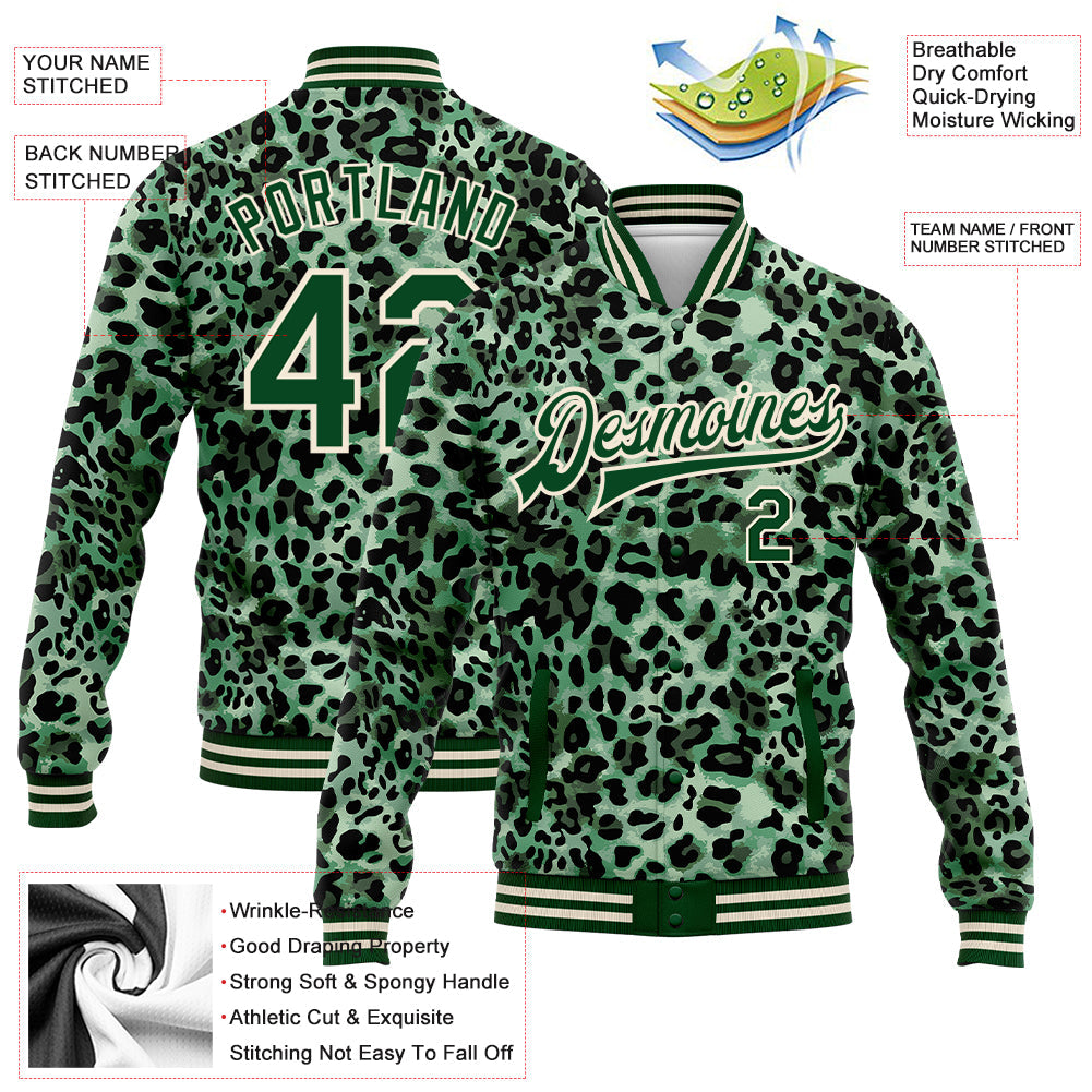 Custom Green City Cream Leopard Print 3D Pattern Design Bomber Full-Snap Varsity Letterman Jacket view 5