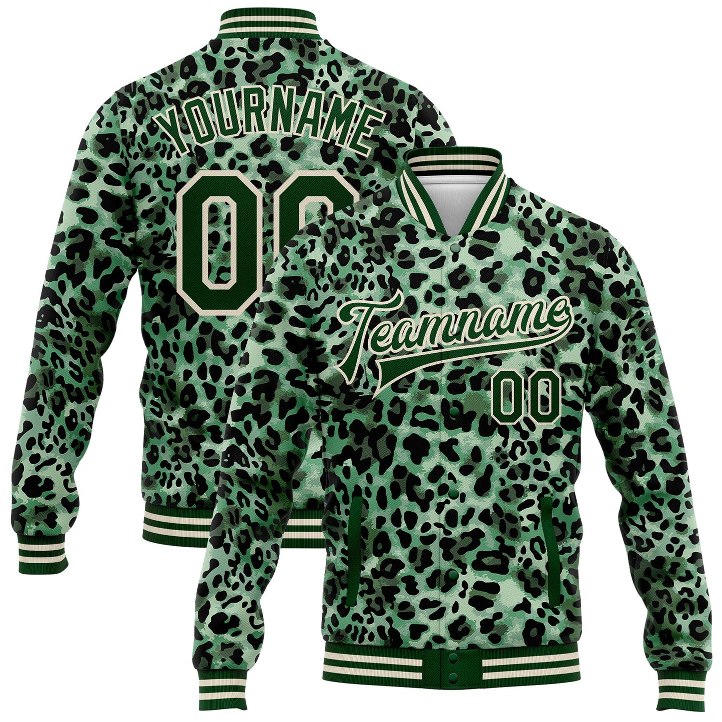 Custom Green City Cream Leopard Print 3D Pattern Design Bomber Full-Snap Varsity Letterman Jacket - Main View