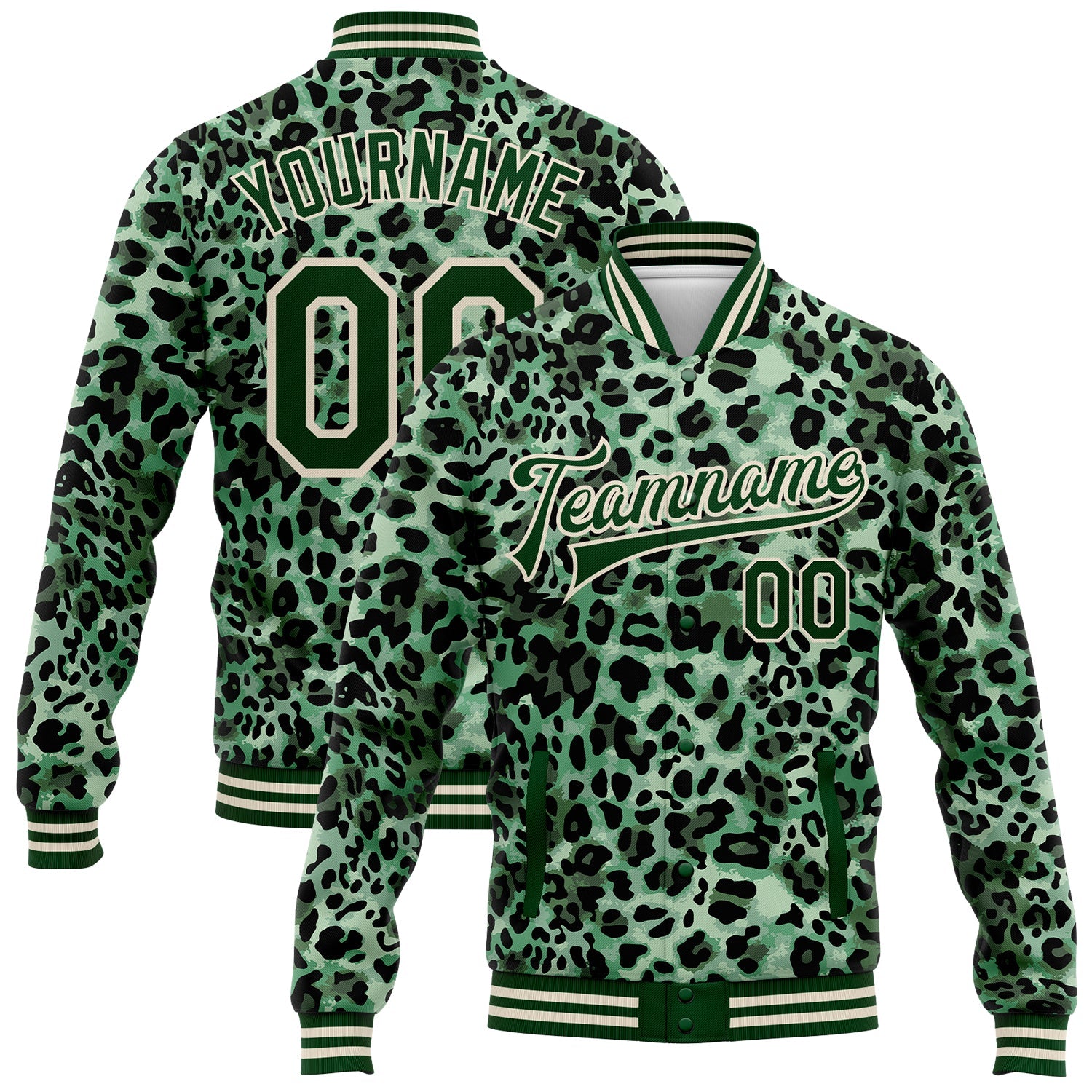 Custom Green City Cream Leopard Print 3D Pattern Design Bomber Full-Snap Varsity Letterman Jacket - Main View