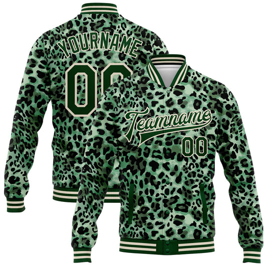Custom Green City Cream Leopard Print 3D Pattern Design Bomber Full-Snap Varsity Letterman Jacket - Main View