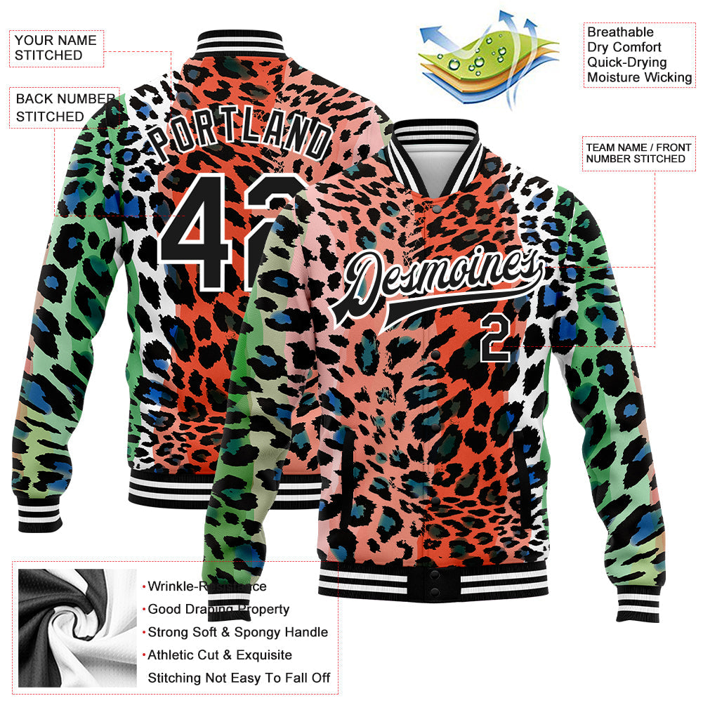 Custom Orange Black-White Leopard Print 3D Pattern Design Bomber Full-Snap Varsity Letterman Jacket view 5