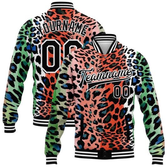 Custom Orange Black-White Leopard Print 3D Pattern Design Bomber Full-Snap Varsity Letterman Jacket - Main View