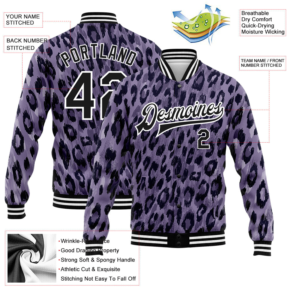 Custom Purple Black-White Leopard Print 3D Pattern Design Bomber Full-Snap Varsity Letterman Jacket view 5