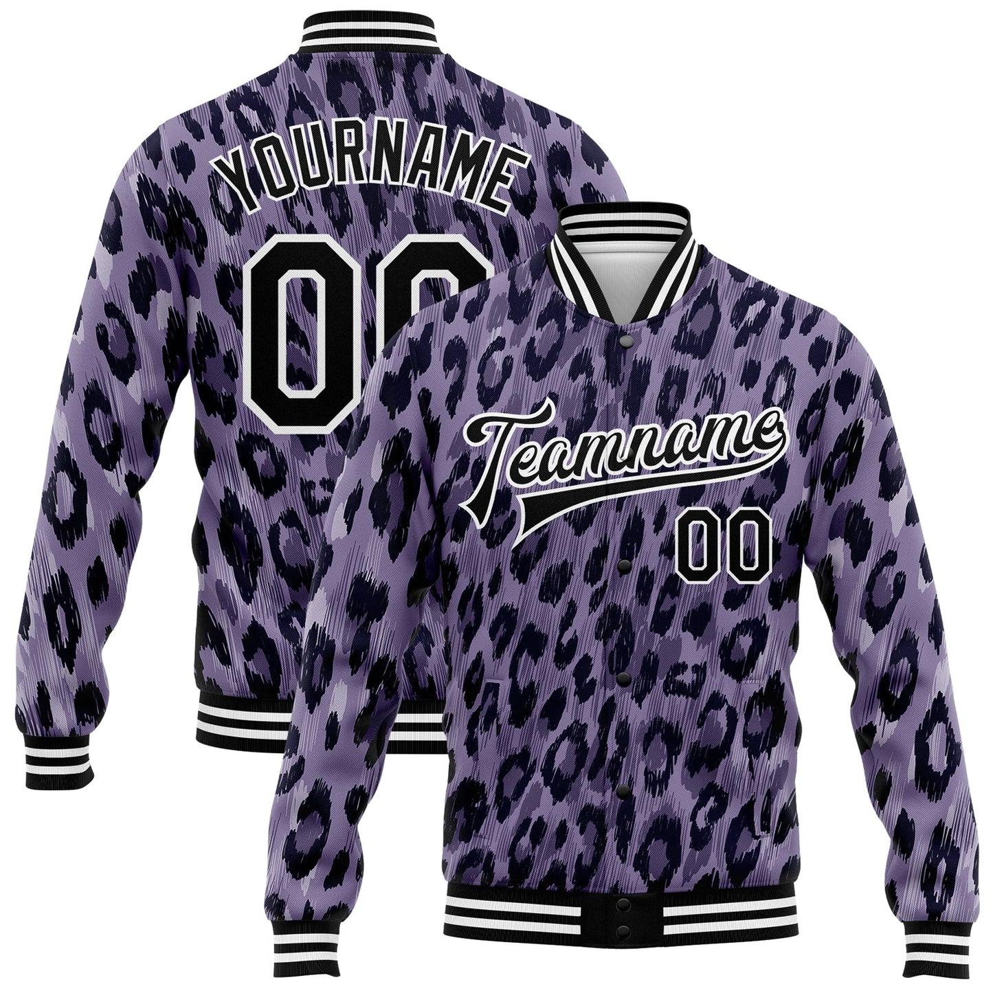 Custom Purple Black-White Leopard Print 3D Pattern Design Bomber Full-Snap Varsity Letterman Jacket - Main View