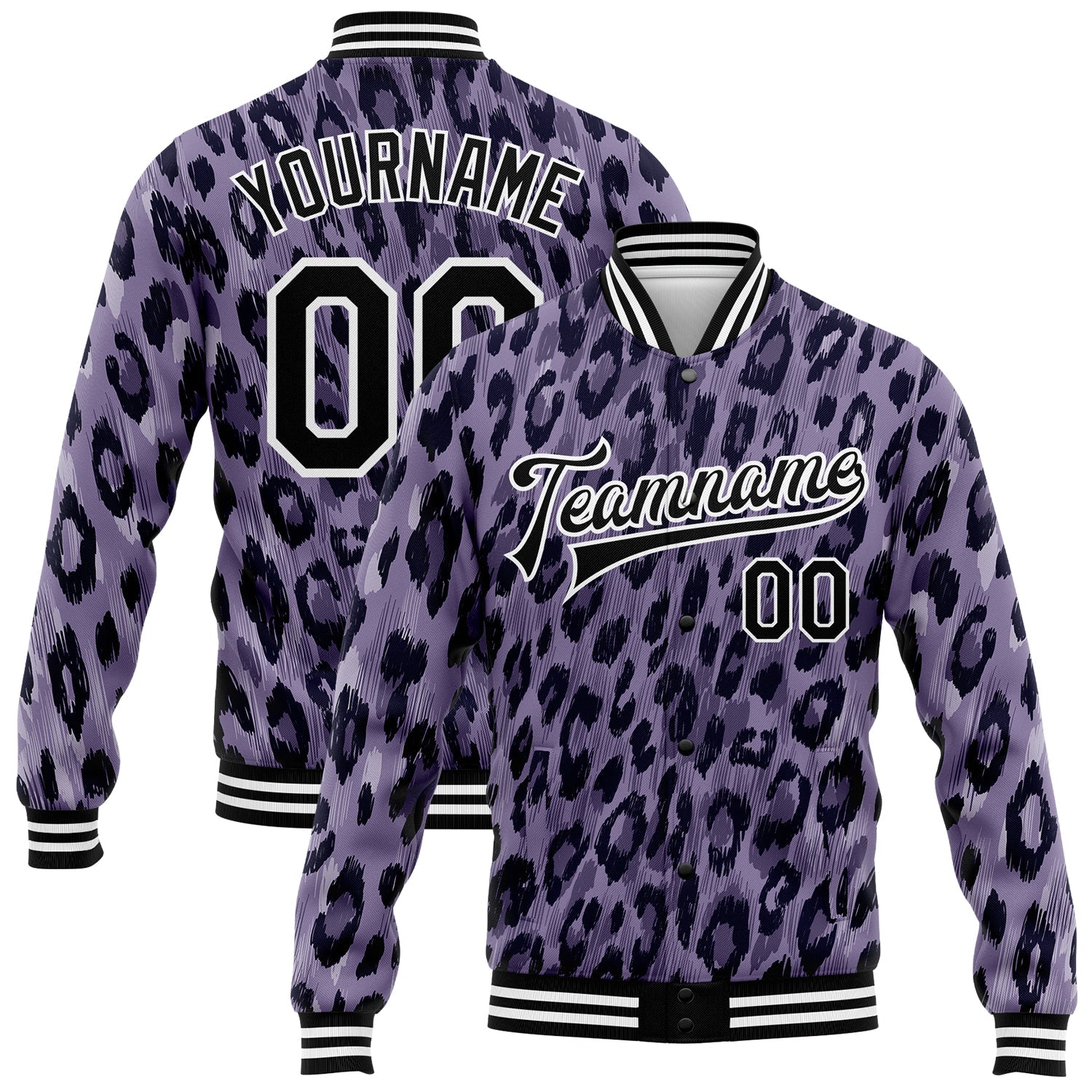 Custom Purple Black-White Leopard Print 3D Pattern Design Bomber Full-Snap Varsity Letterman Jacket - Main View