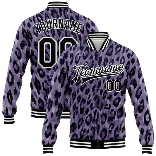Custom Purple Black-White Leopard Print 3D Pattern Design Bomber Full-Snap Varsity Letterman Jacket - Main View
