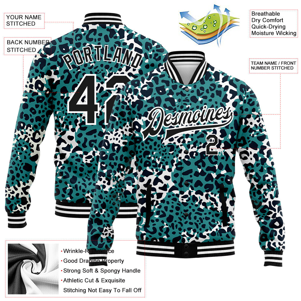 Custom Teal Black-White Leopard Print 3D Pattern Design Bomber Full-Snap Varsity Letterman Jacket view 5