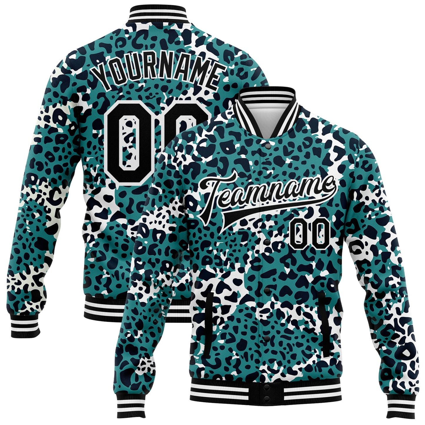 Custom Teal Black-White Leopard Print 3D Pattern Design Bomber Full-Snap Varsity Letterman Jacket - Main View