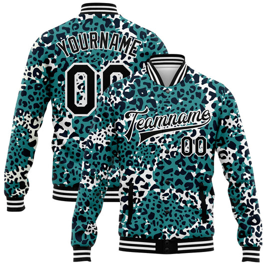 Custom Teal Black-White Leopard Print 3D Pattern Design Bomber Full-Snap Varsity Letterman Jacket - Main View