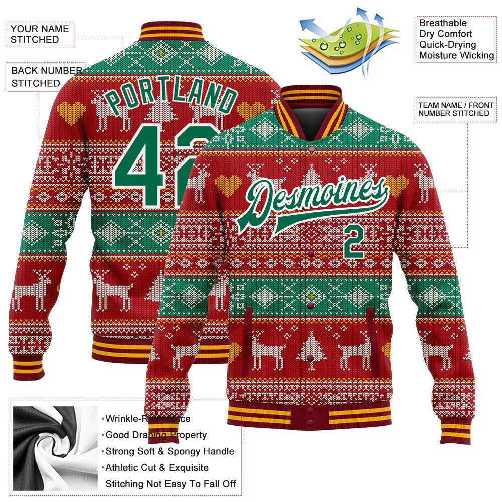 Custom Red Kelly Green-White Christmas Reindeers 3D Bomber Full-Snap Varsity Letterman Jacket view 5