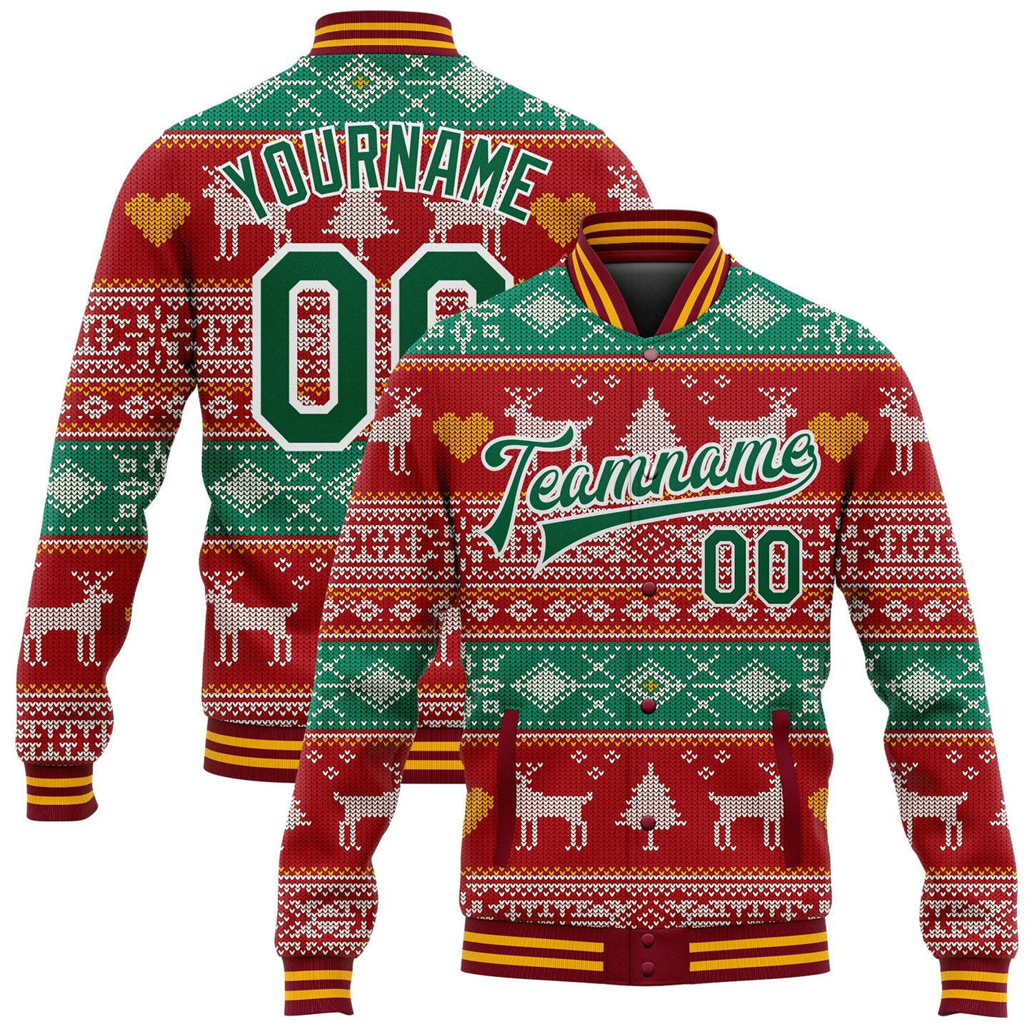 Custom Red Kelly Green-White Christmas Reindeers 3D Bomber Full-Snap Varsity Letterman Jacket - Main View