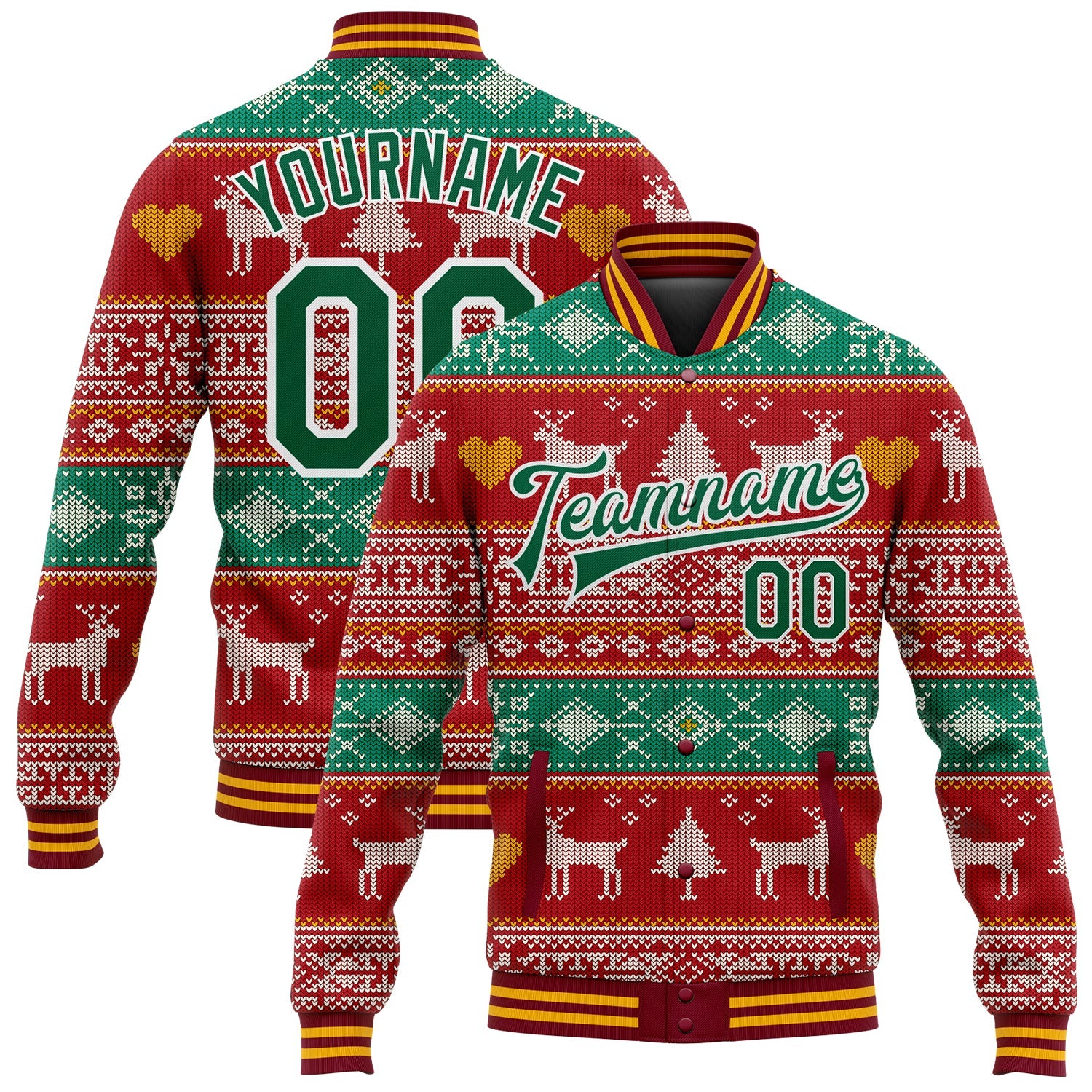 Custom Red Kelly Green-White Christmas Reindeers 3D Bomber Full-Snap Varsity Letterman Jacket - Main View