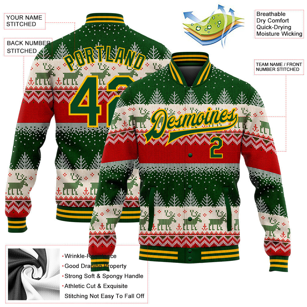 Custom Green Gold Christmas Reindeers 3D Bomber Full-Snap Varsity Letterman Jacket view 5
