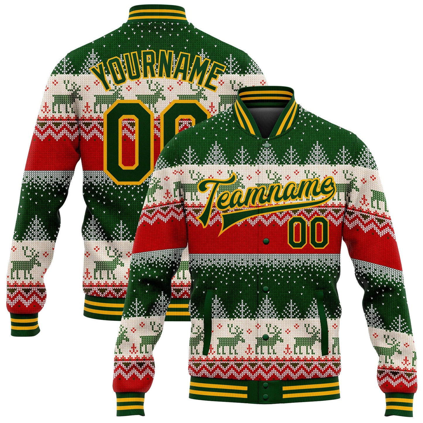 Custom Green Gold Christmas Reindeers 3D Bomber Full-Snap Varsity Letterman Jacket - Main View