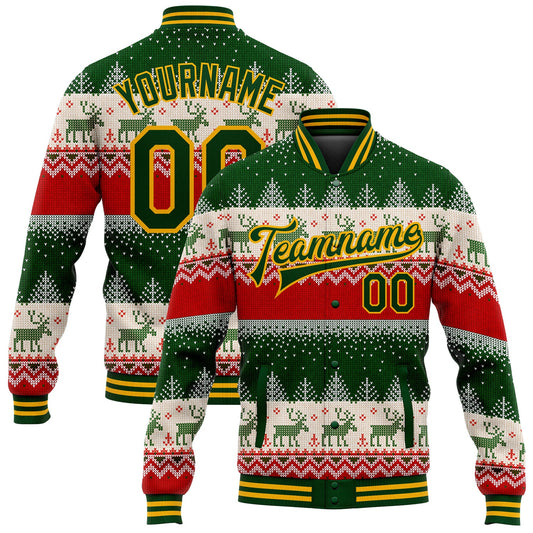 Custom Green Gold Christmas Reindeers 3D Bomber Full-Snap Varsity Letterman Jacket - Main View