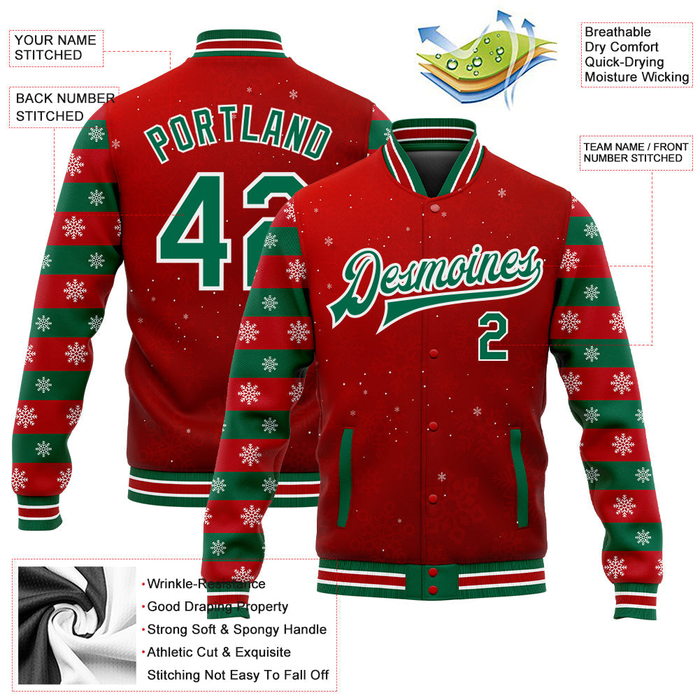 Custom Red Kelly Green-White Christmas 3D Bomber Full-Snap Varsity Letterman Jacket view 5