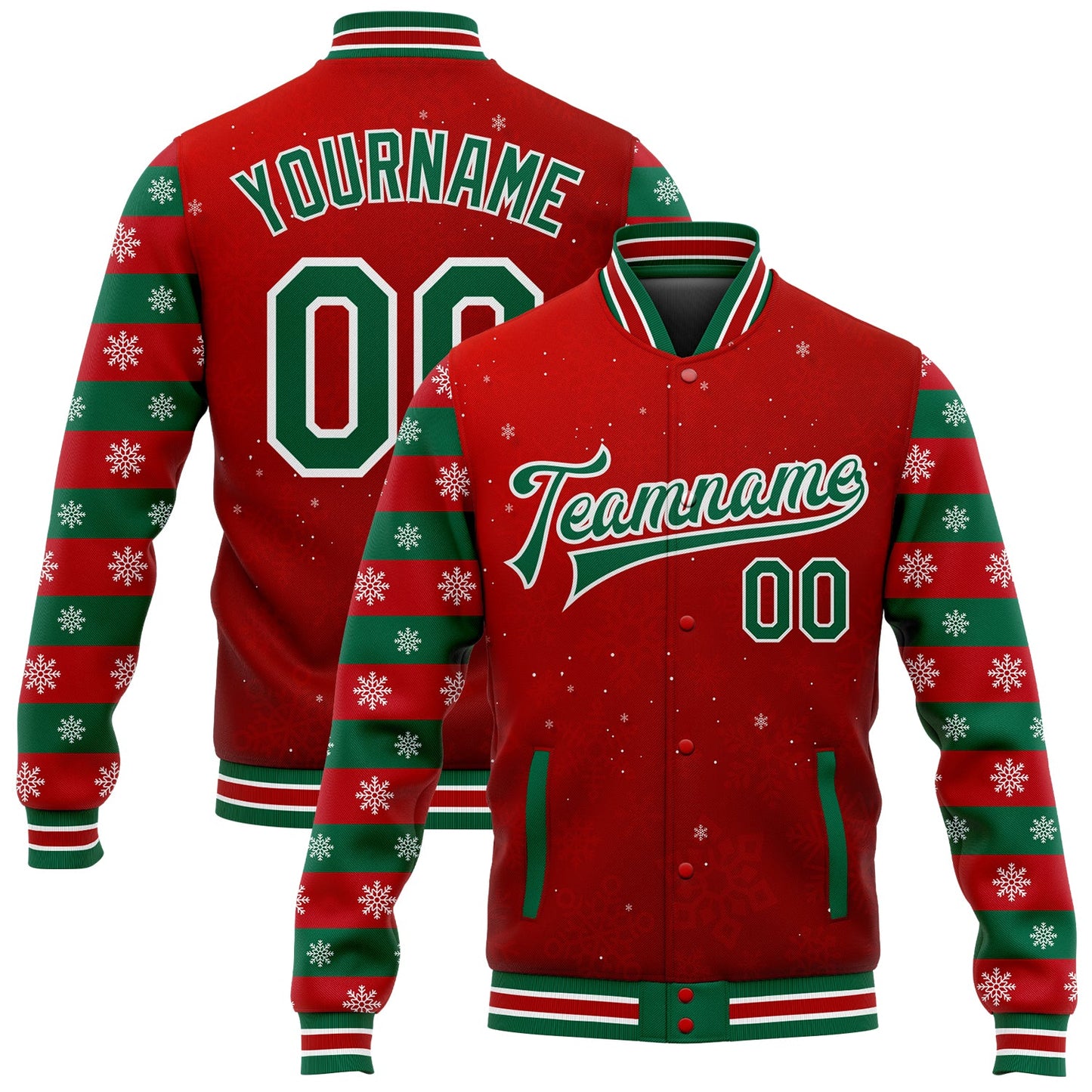 Custom Red Kelly Green-White Christmas 3D Bomber Full-Snap Varsity Letterman Jacket - Main View