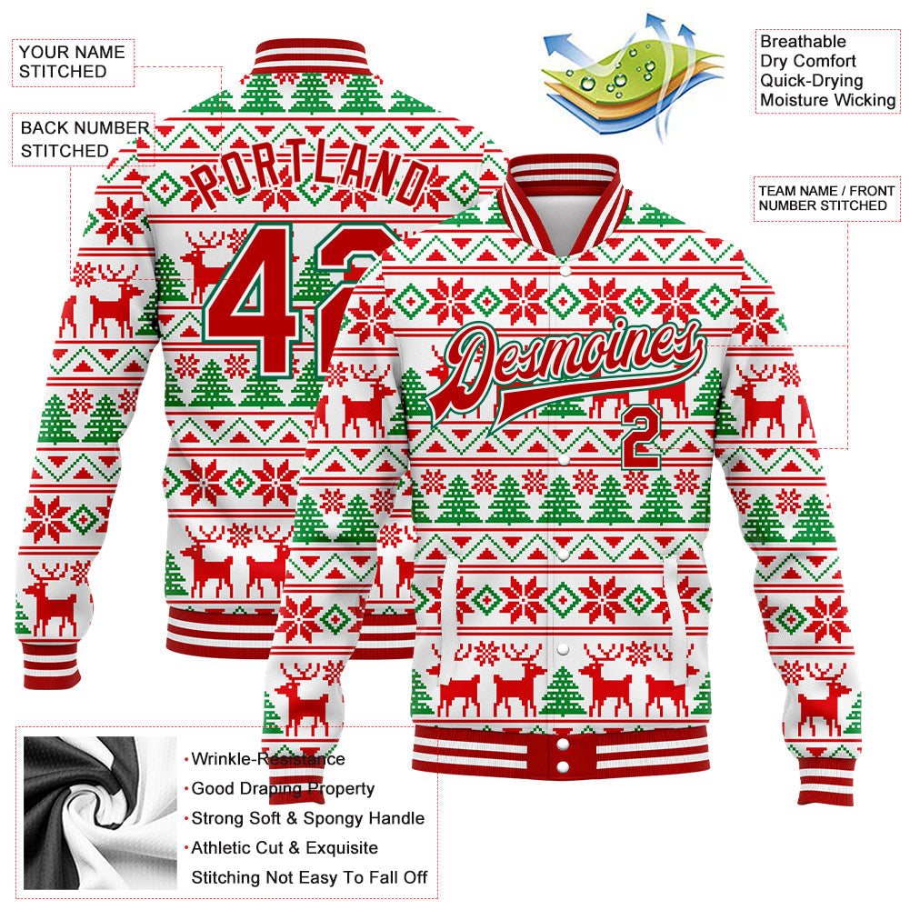 Custom White Red-Kelly Green Christmas 3D Bomber Full-Snap Varsity Letterman Jacket view 5