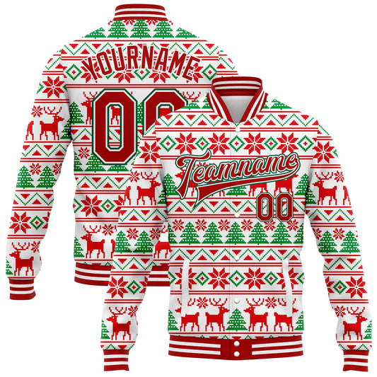 Custom White Red-Kelly Green Christmas 3D Bomber Full-Snap Varsity Letterman Jacket - Main View