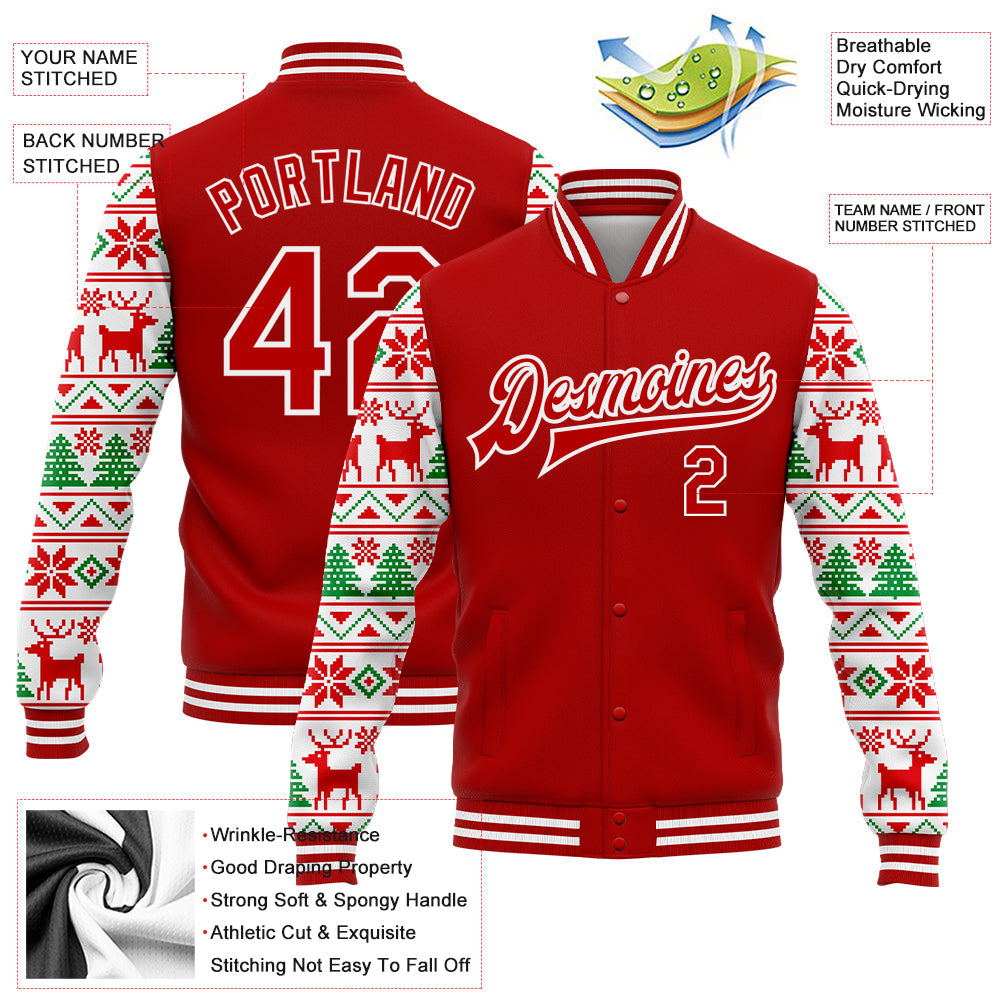 Custom Red White Christmas 3D Bomber Full-Snap Varsity Letterman Jacket view 5