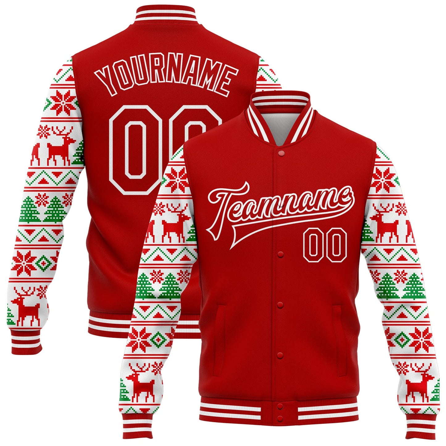 Custom Red White Christmas 3D Bomber Full-Snap Varsity Letterman Jacket - Main View