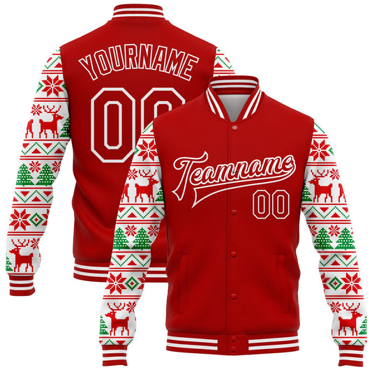 Custom Red White Christmas 3D Bomber Full-Snap Varsity Letterman Jacket - Main View