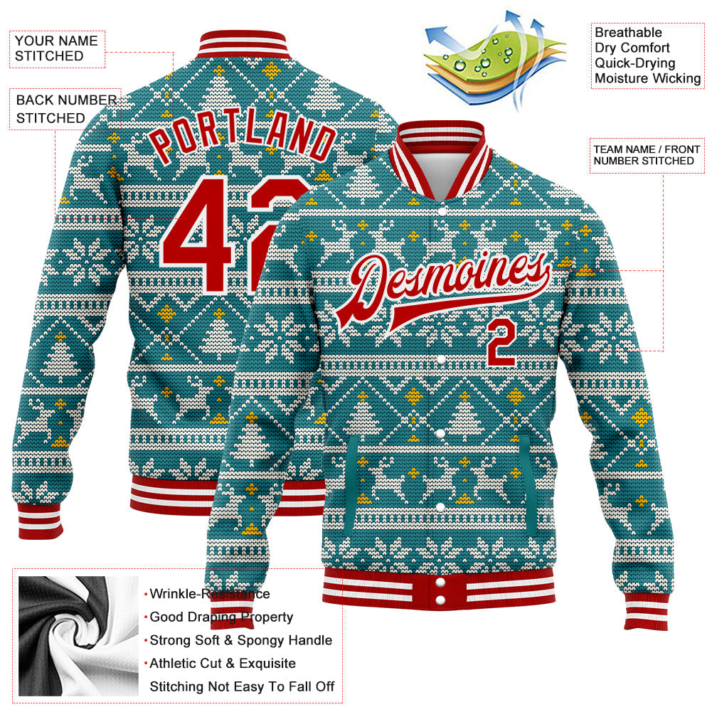 Custom Teal Red-White Christmas 3D Bomber Full-Snap Varsity Letterman Jacket view 5