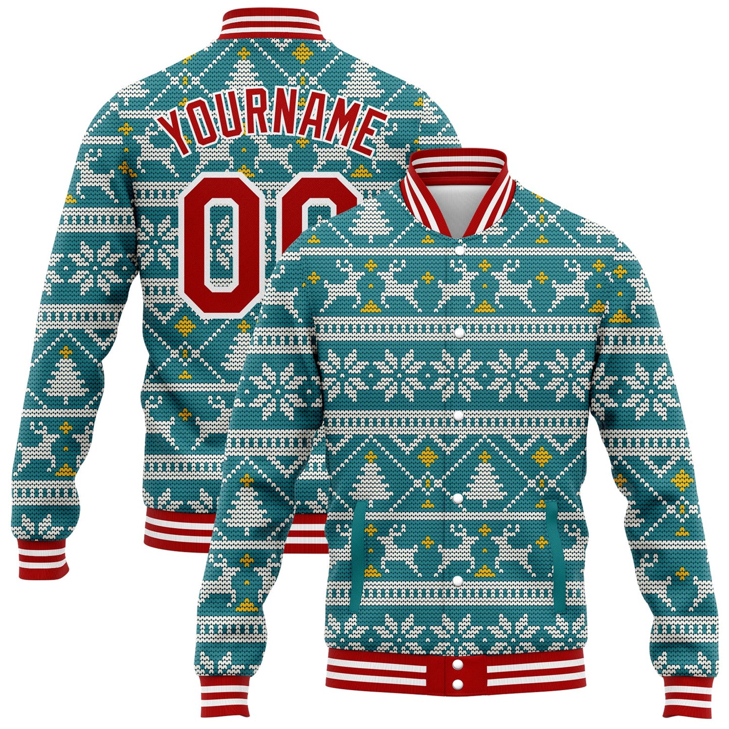 Custom Teal Red-White Christmas 3D Bomber Full-Snap Varsity Letterman Jacket - Main View