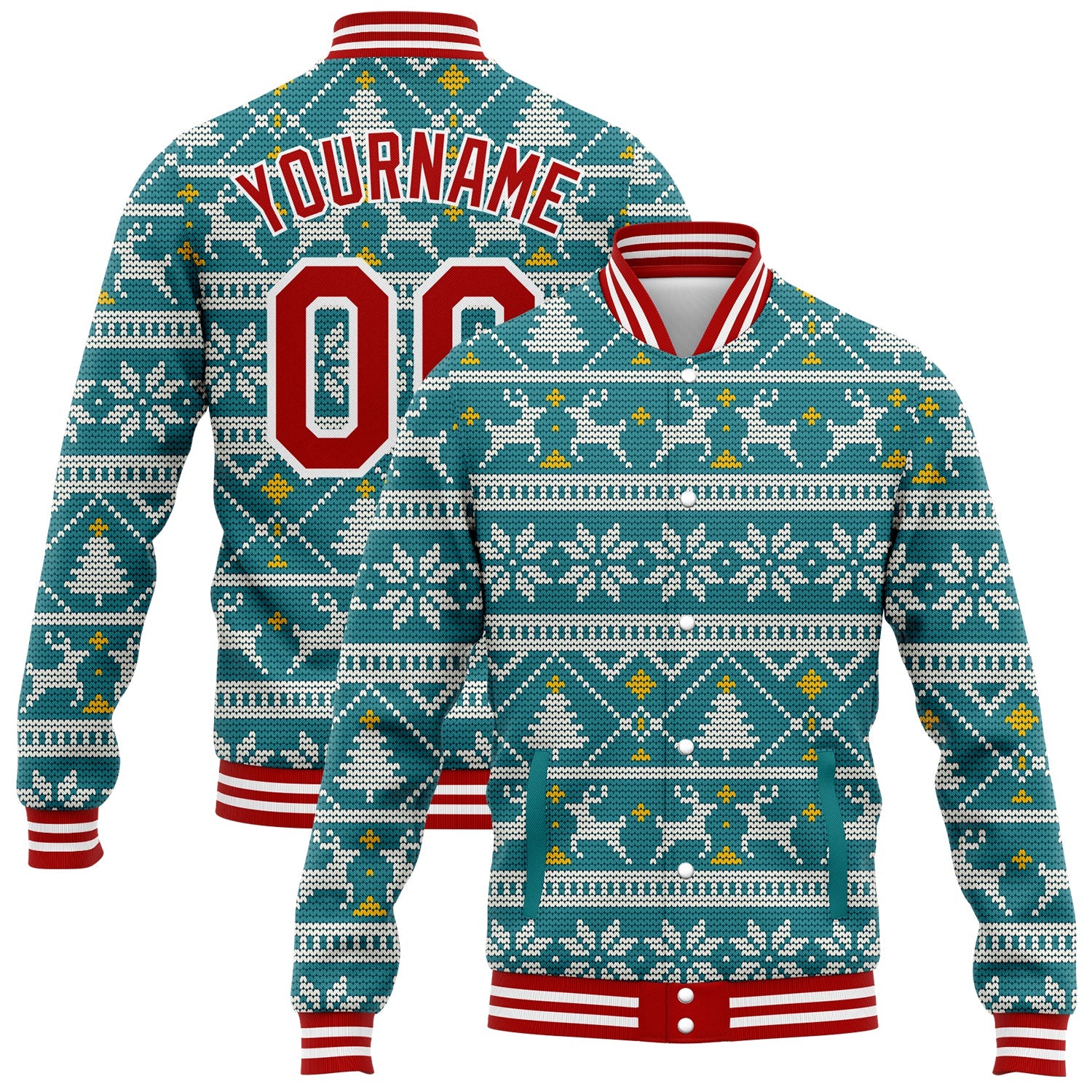 Custom Teal Red-White Christmas 3D Bomber Full-Snap Varsity Letterman Jacket - Main View