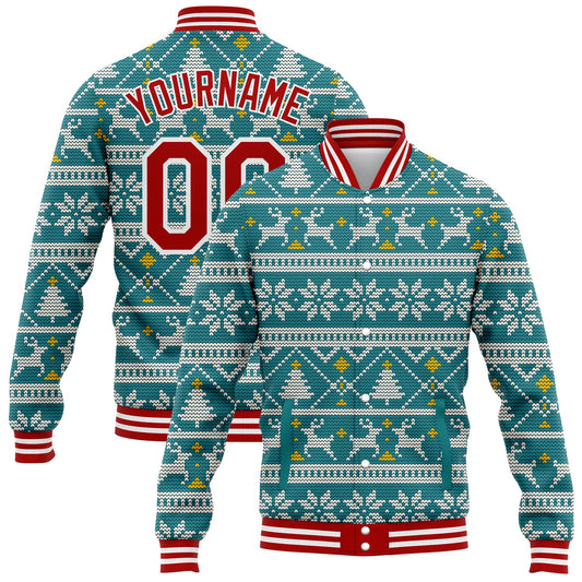 Custom Teal Red-White Christmas 3D Bomber Full-Snap Varsity Letterman Jacket - Main View