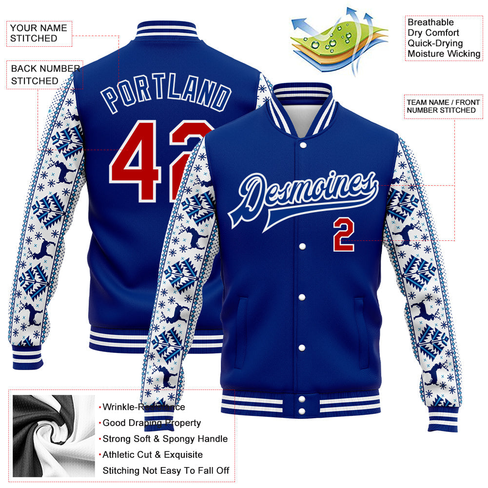 Custom Royal Red-White Christmas 3D Bomber Full-Snap Varsity Letterman Jacket view 5