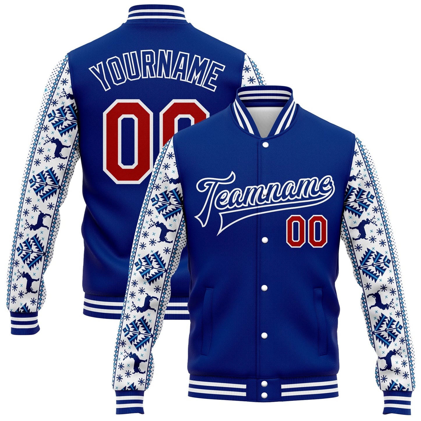 Custom Royal Red-White Christmas 3D Bomber Full-Snap Varsity Letterman Jacket - Main View