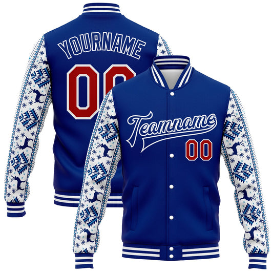 Custom Royal Red-White Christmas 3D Bomber Full-Snap Varsity Letterman Jacket - Main View
