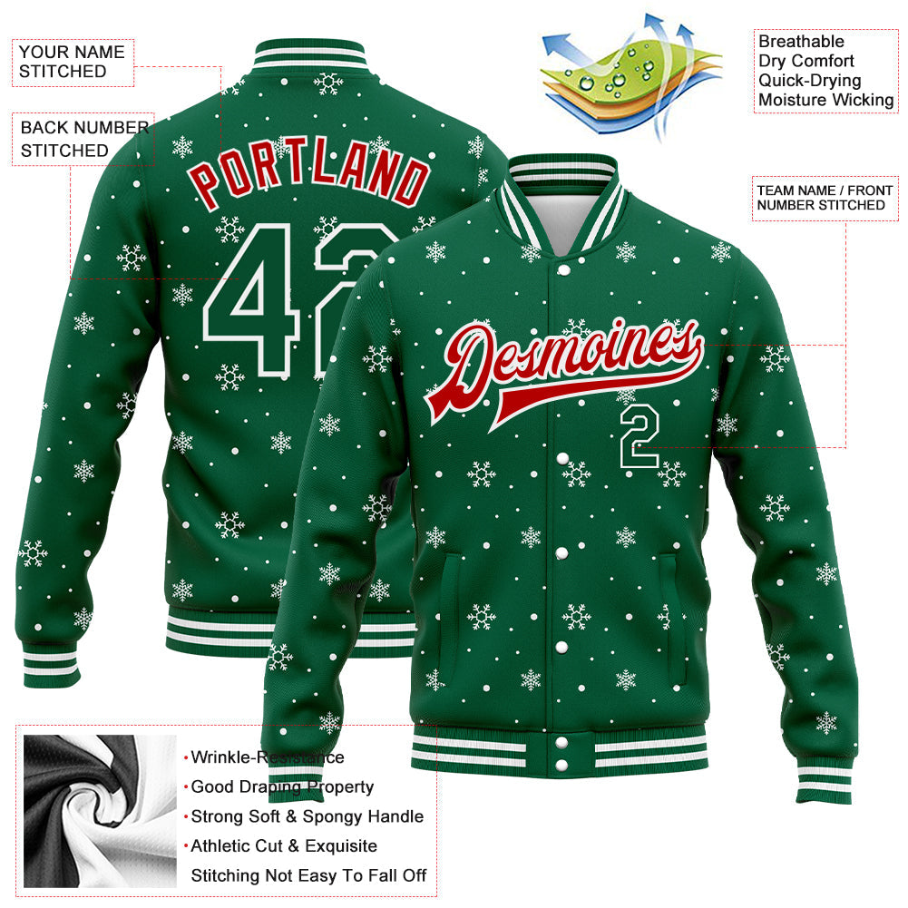 Custom Kelly Green Red-White Christmas 3D Bomber Full-Snap Varsity Letterman Jacket view 5