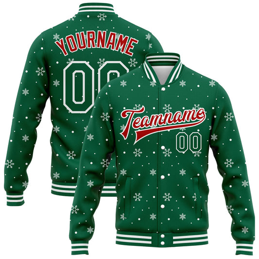 Custom Kelly Green Red-White Christmas 3D Bomber Full-Snap Varsity Letterman Jacket - Main View