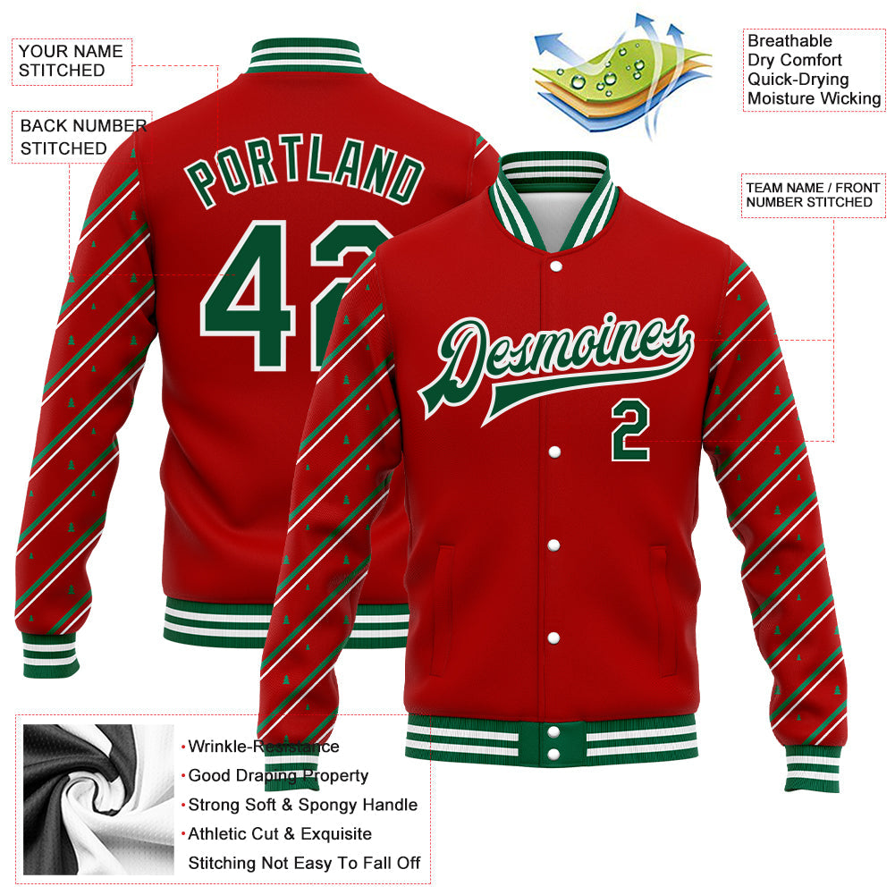 Custom Red Kelly Green-White Christmas 3D Bomber Full-Snap Varsity Letterman Jacket view 5
