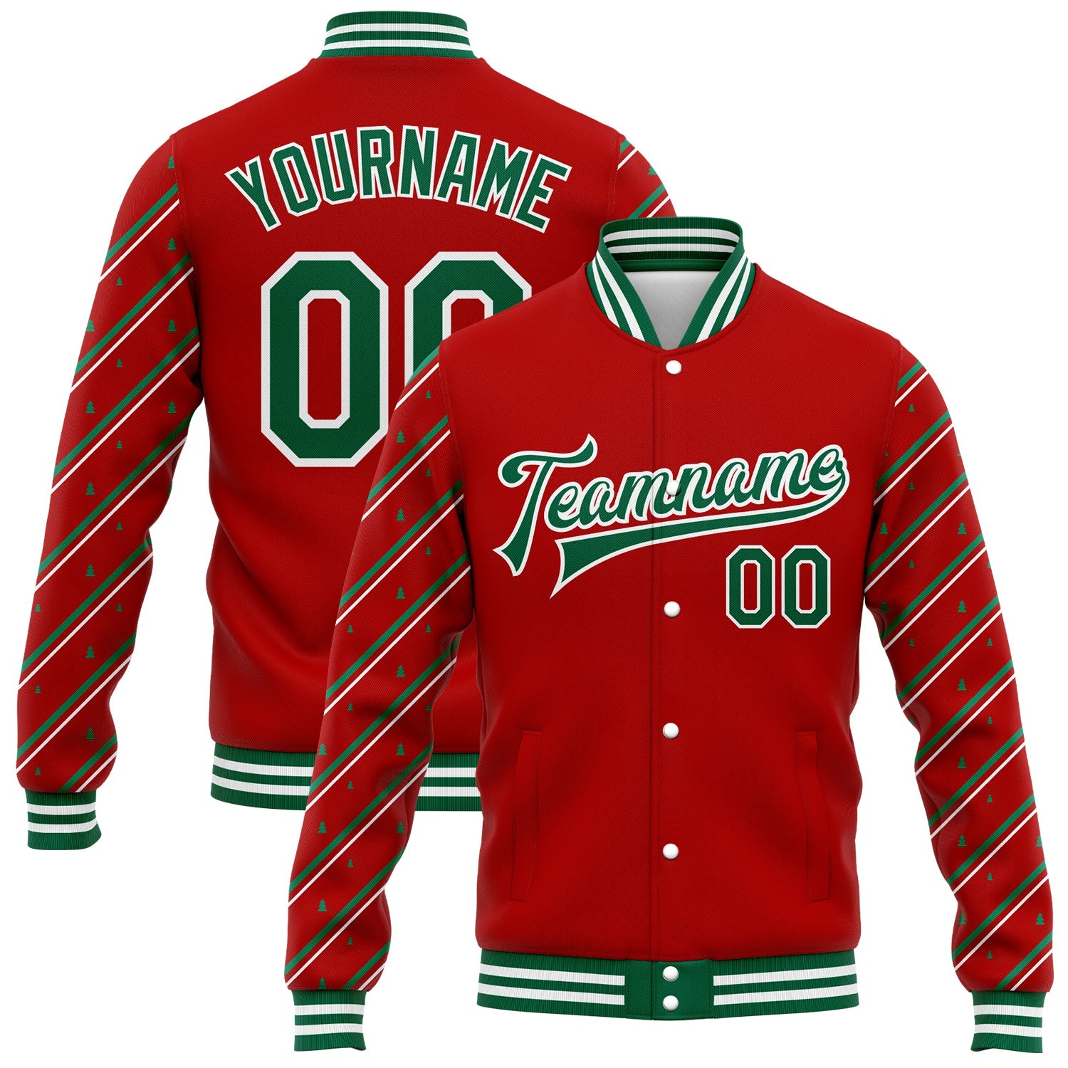 Custom Red Kelly Green-White Christmas 3D Bomber Full-Snap Varsity Letterman Jacket - Main View