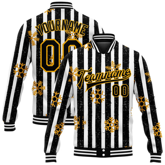 Custom Black Gold-White Christmas Gold Snowflakes 3D Bomber Full-Snap Varsity Letterman Jacket - Main View