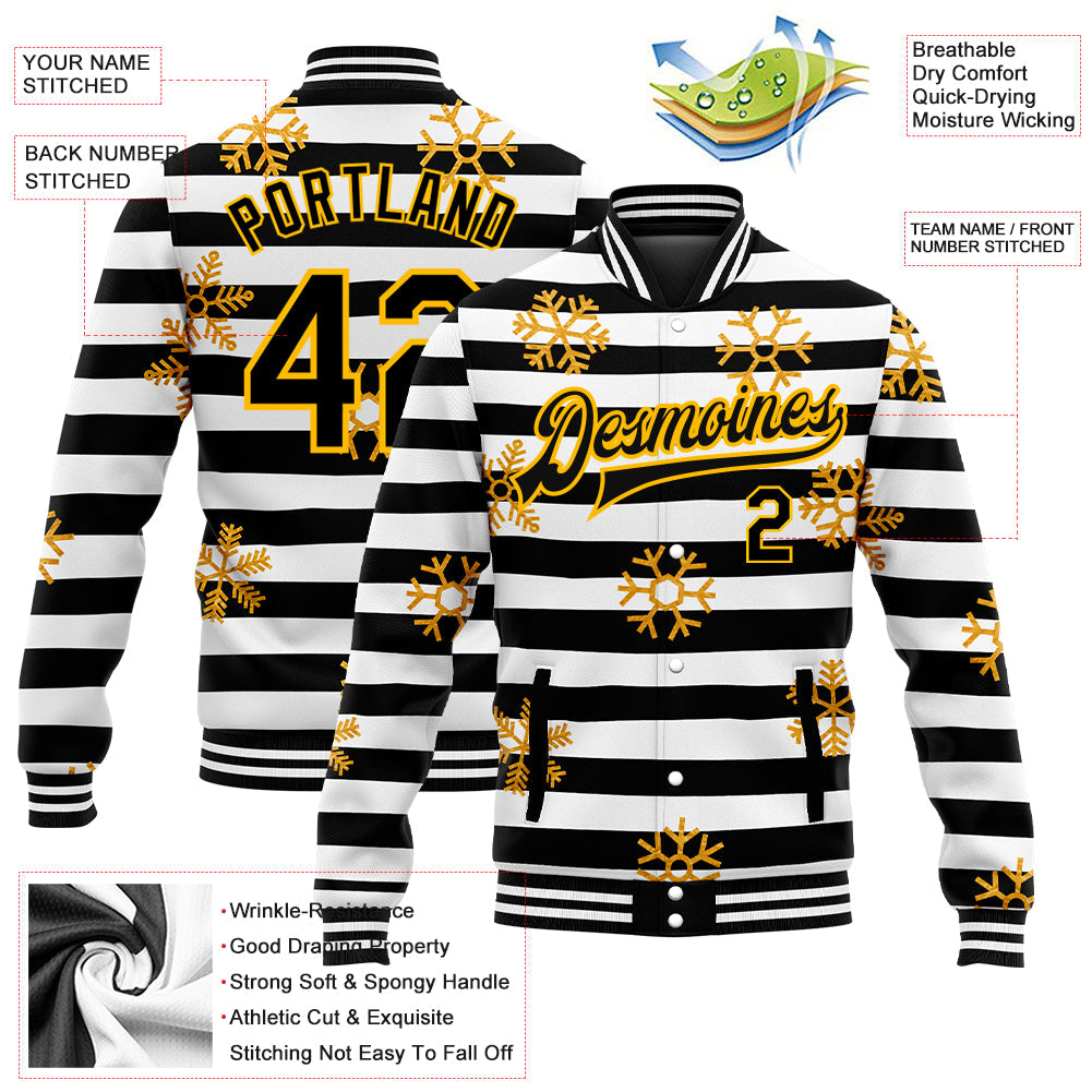 Custom Black Gold-White Christmas Gold Snowflakes 3D Bomber Full-Snap Varsity Letterman Jacket view 5