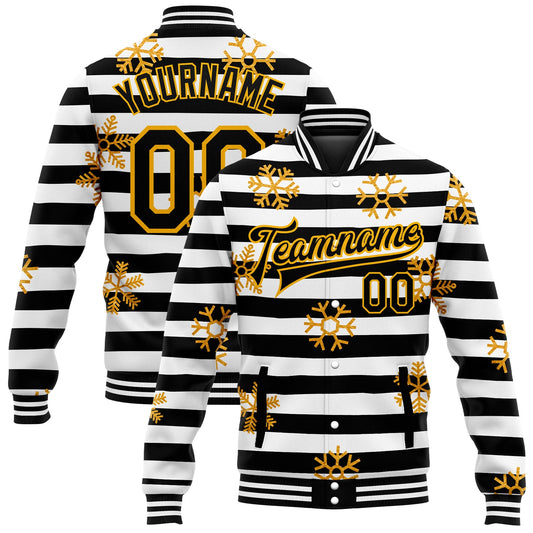 Custom Black Gold-White Christmas Gold Snowflakes 3D Bomber Full-Snap Varsity Letterman Jacket - Main View