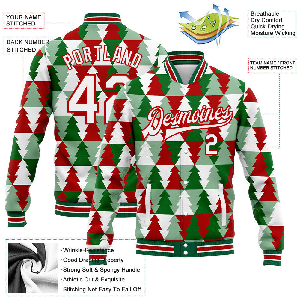 Custom Kelly Green White-Red Christmas Tree 3D Bomber Full-Snap Varsity Letterman Jacket view 5